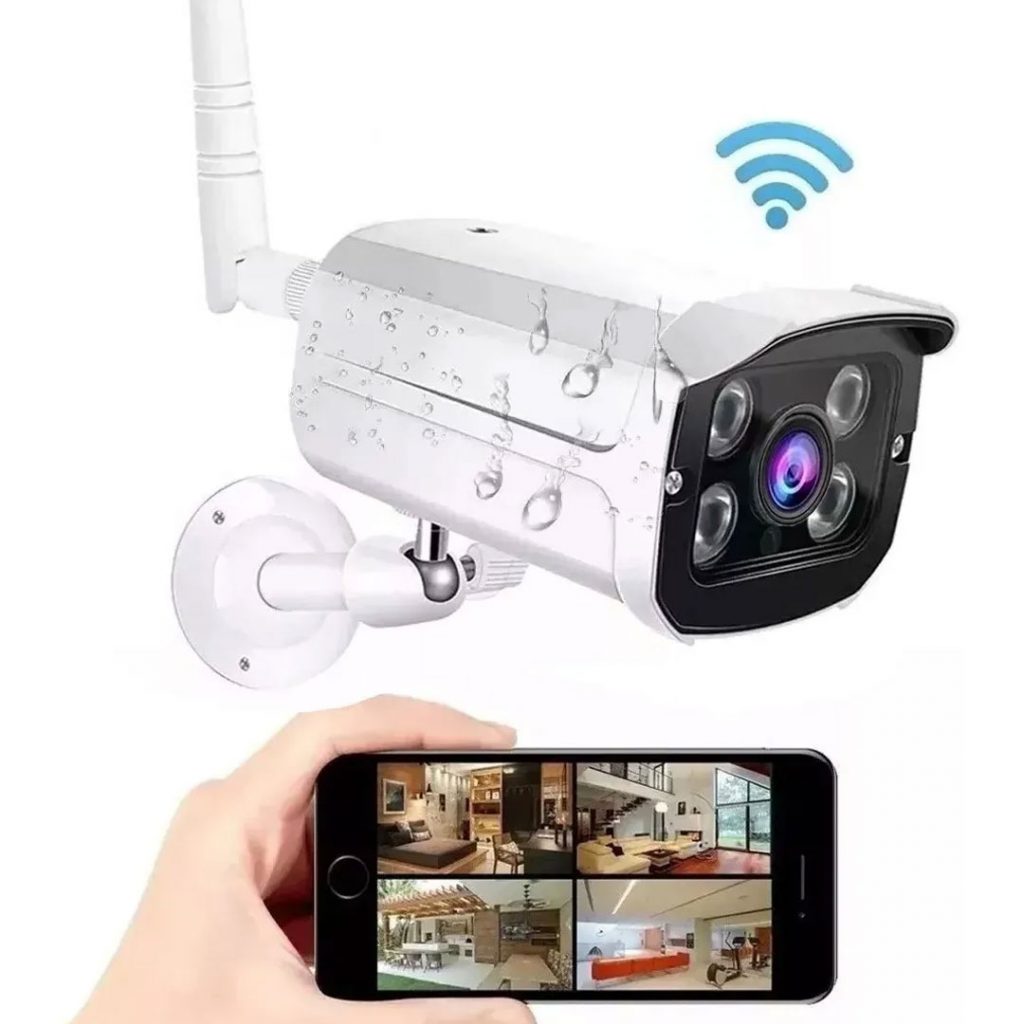 Na image, há uma câmera IP e um smartphone que controle o seu monitoramento, ótimos para a segurança.