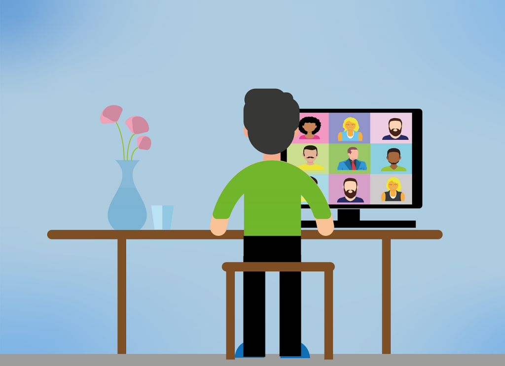 Ilustração de homem com computador e escrivaninha, participando de uma das chamadas de vídeo