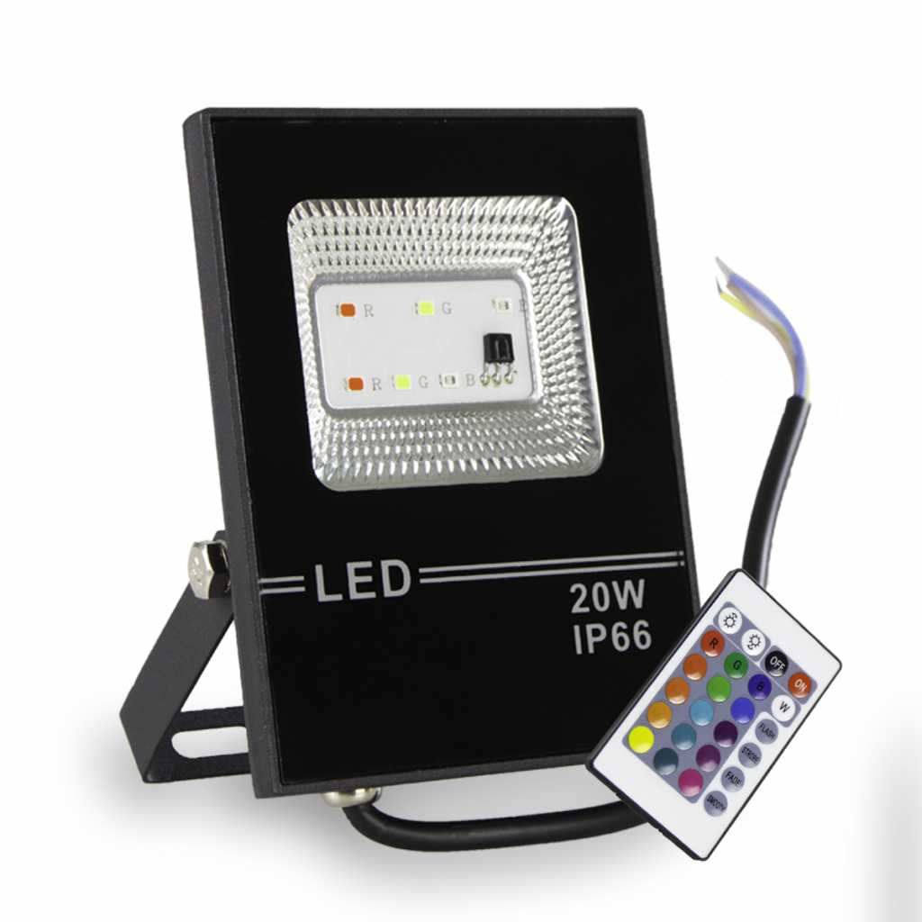 Refletor LED colorido com um controle remoto ao lado.