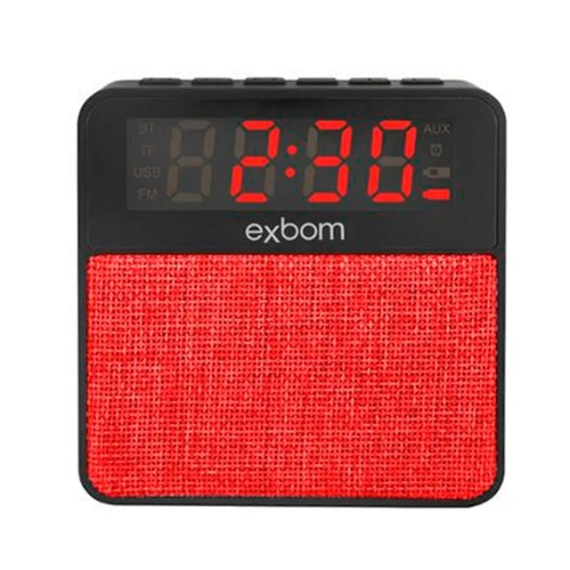 Demonstração de rádio relógio no tom vermelho.