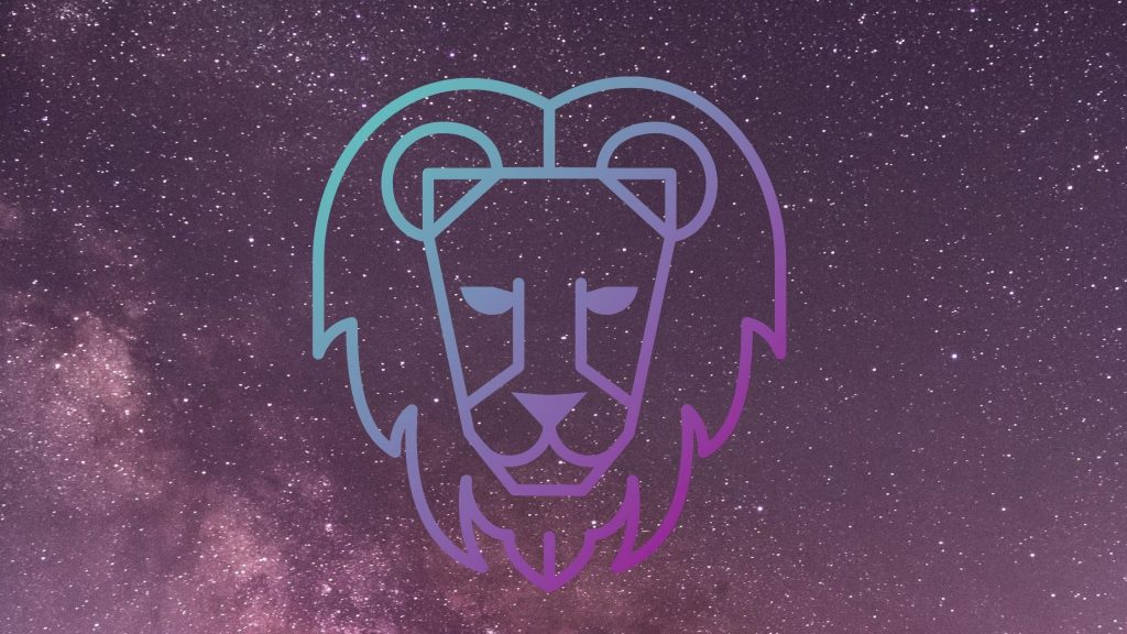 Representação do signo de leão com ilustração de leão e fundo com imagem de c[eu estrelado noturno.