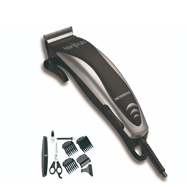 Há uma máquina de cortar da Mondial com kit que possui pente, pentes de corte, tesoura, pincel de limpeza e óleo lubrificante.